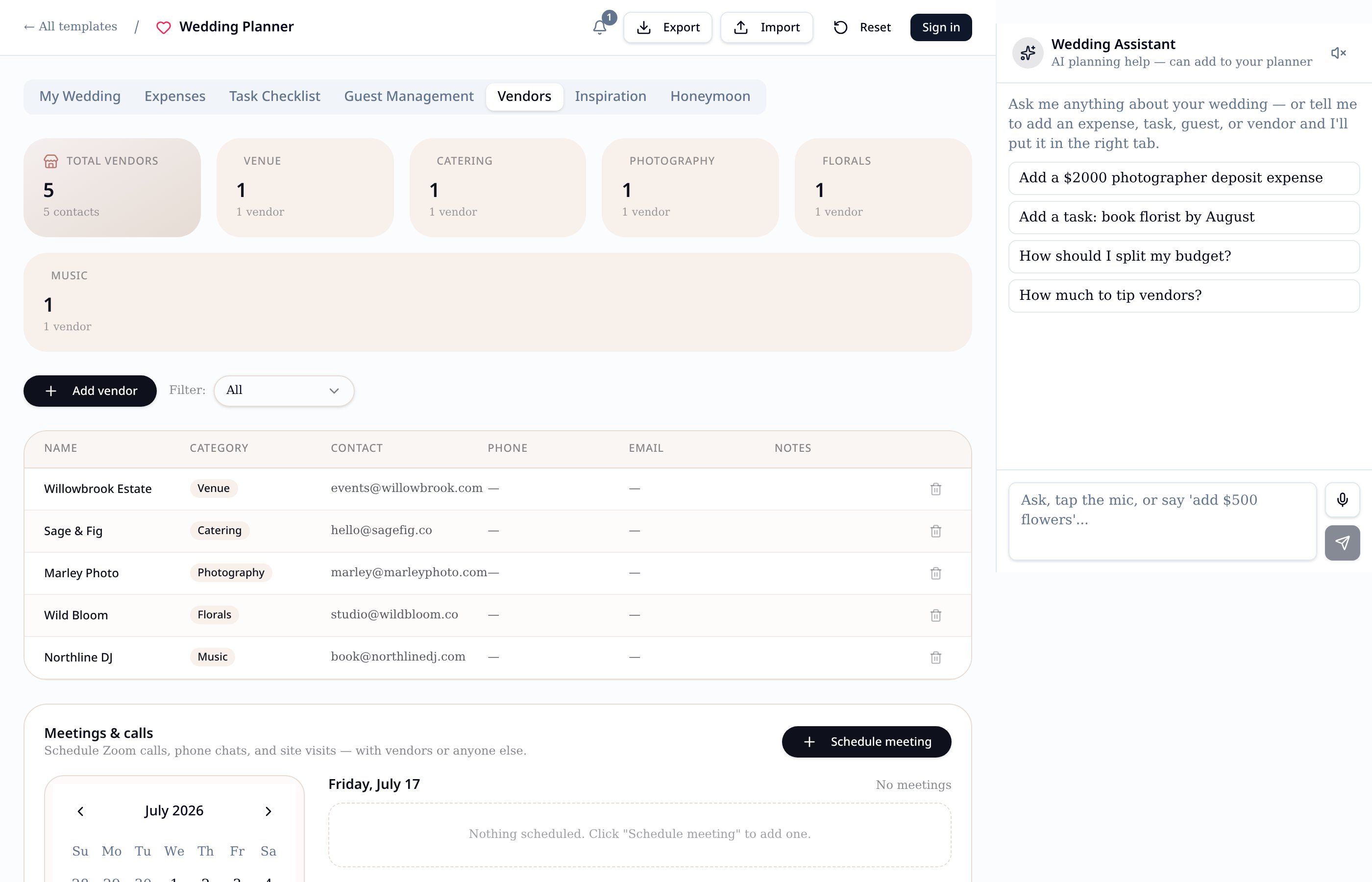 Vendors tab with the AI planning assistant open on the right