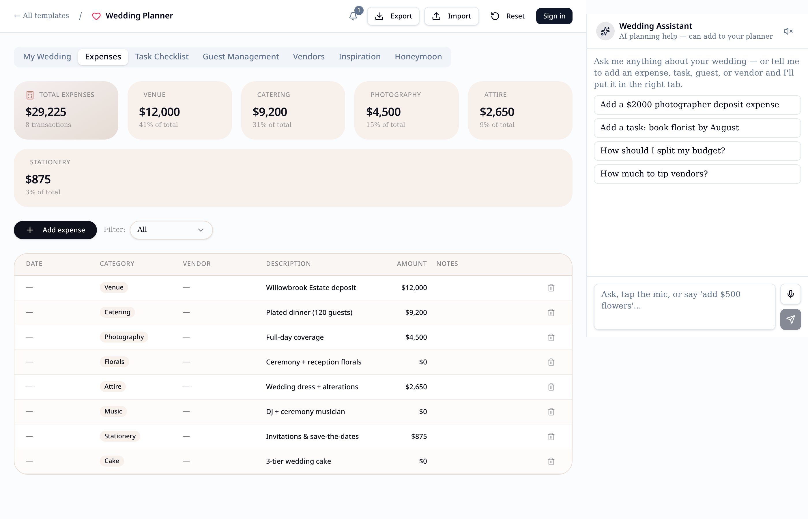 Expense tracker with vendor, category, due date, and paid status