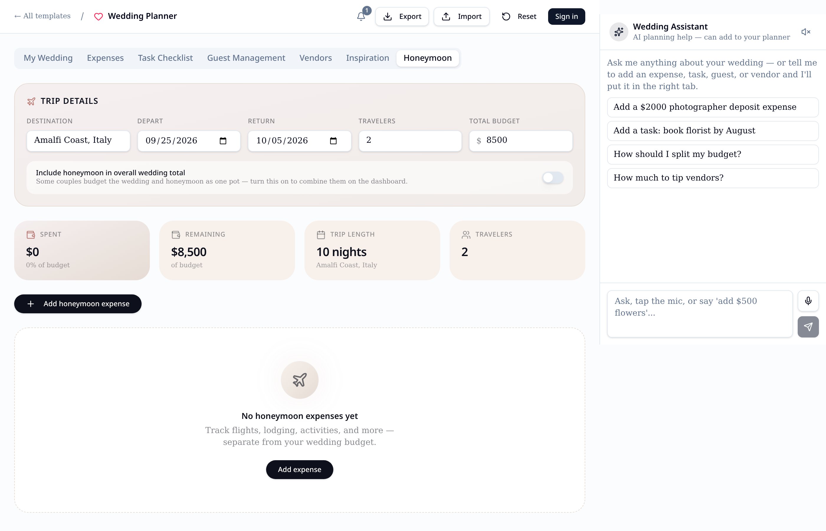Honeymoon planner with destination, dates, and its own budget