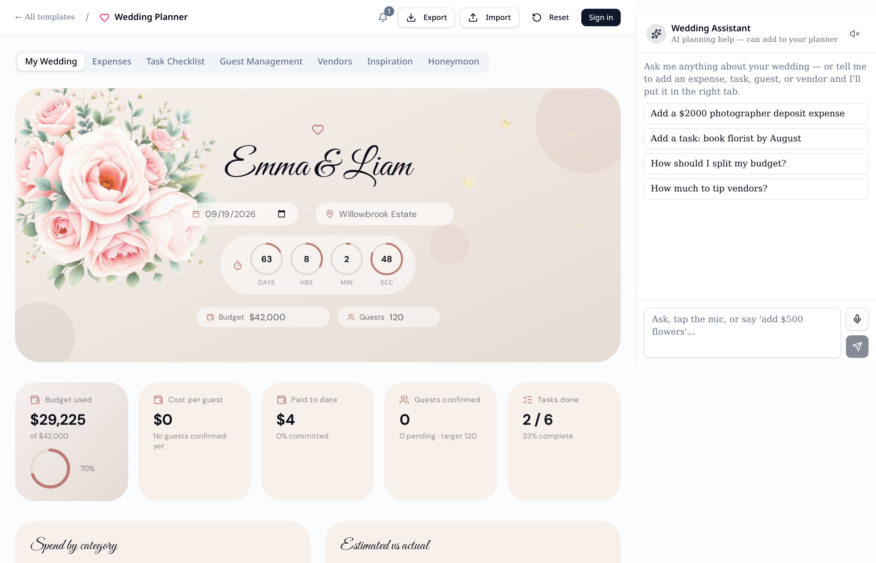 Wedding planner dashboard preview