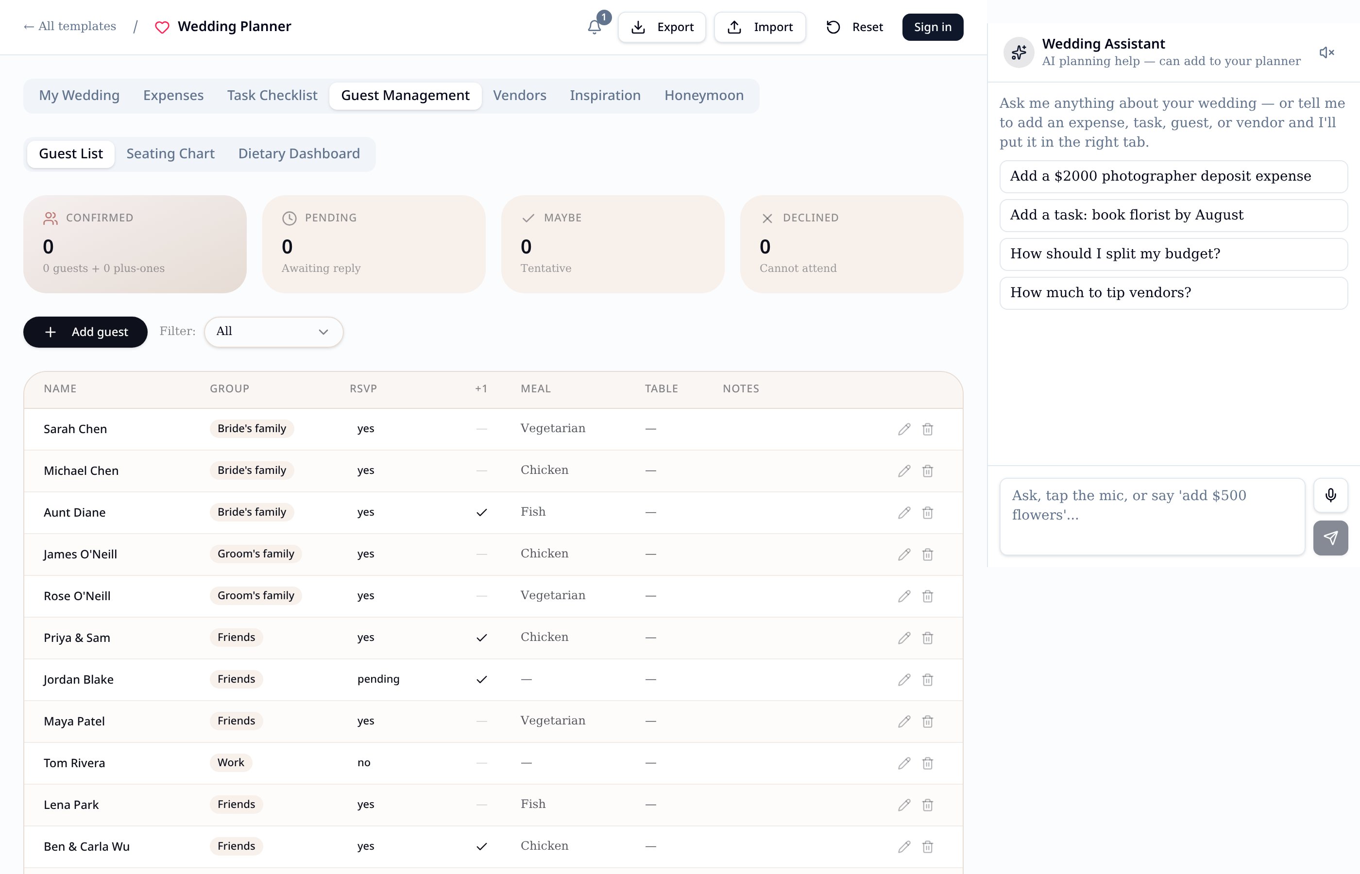 Guest management with RSVPs, groups, meals, and plus-ones